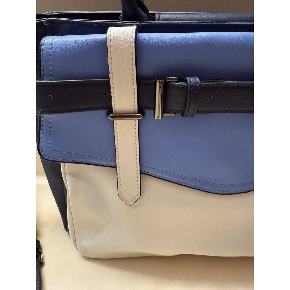 REED KRAKOFF Faux Leather Satchel Blue Handbag American Luxury Large w/ Strap
